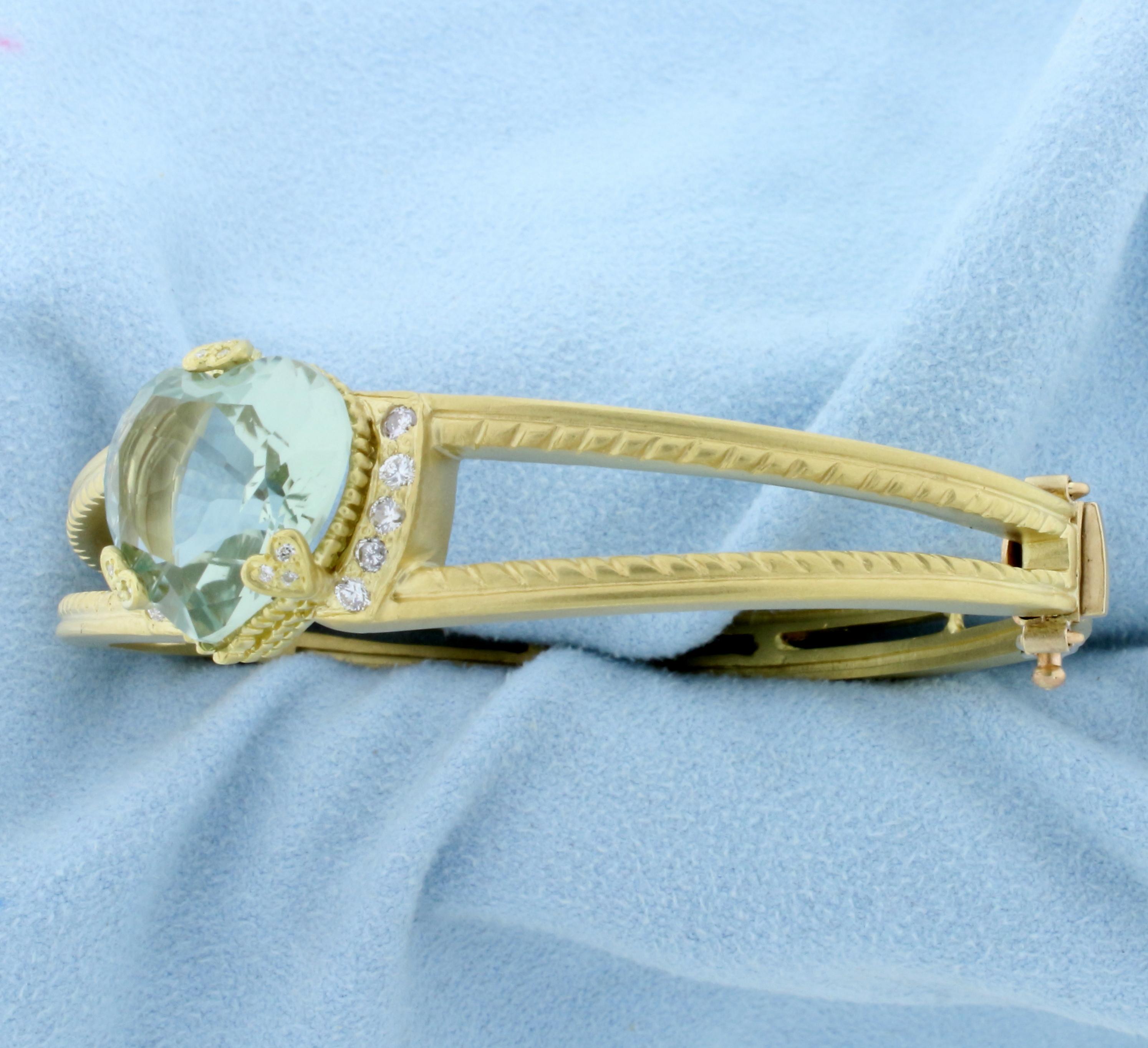 Signed Designer Aquamarine Heart And Diamond Bangle Bracelet In 18k Yellow Gold