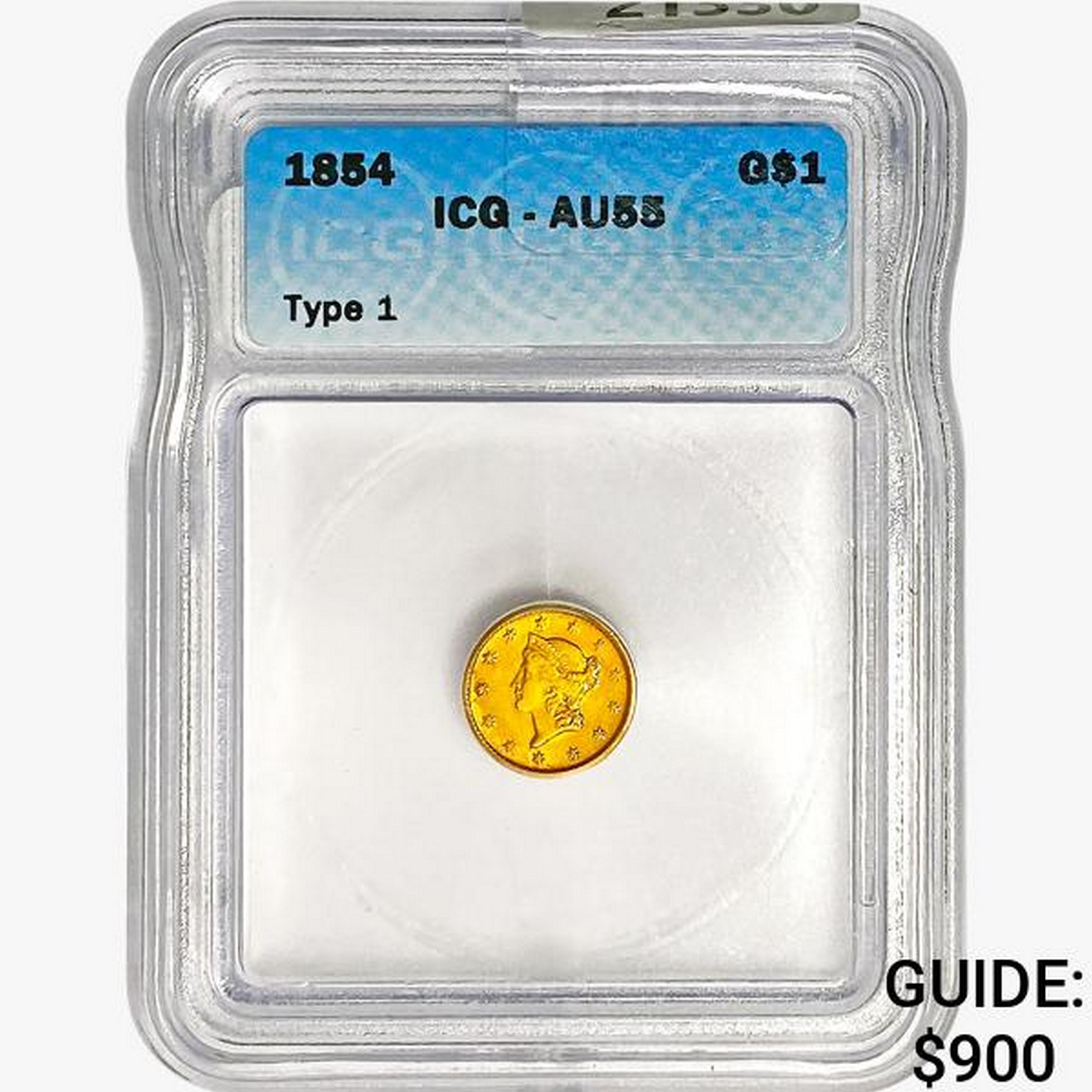 1854 Rare Gold Dollar ICG AU55 Ty 1