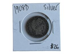 1908-D Barber Silver Quarter