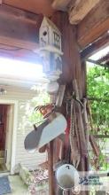 Lot of scoops, antique sand shovel toys, wooden birdhouse and antique tools