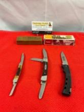 3 pcs Buck Steel Folding Blade Collectible Pocket Knives Models 703, 705 & B444. Signed. See pics.