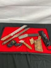 Assorted Collection of Knives Vintage & Modern incl. Klein Tools Bell System, Cabelas Sharpener
