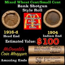 Lincoln Wheat Cent 1c Mixed Roll Orig Brandt McDonalds Wrapper, 1916-d end, 1904 Indian other end