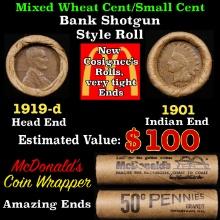 Lincoln Wheat Cent 1c Mixed Roll Orig Brandt McDonalds Wrapper, 1919-d end, 1901 Indian other end