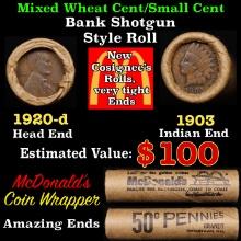 Lincoln Wheat Cent 1c Mixed Roll Orig Brandt McDonalds Wrapper, 1920-d end, 1903 Indian other end