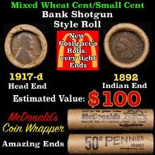 Lincoln Wheat Cent 1c Mixed Roll Orig Brandt McDonalds Wrapper, 1917-d end, 1892 Indian other end