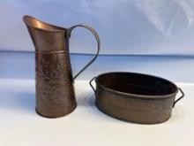 Copper Tone Metal Garden Pitcher / Copper Tone Metal Oval Planter