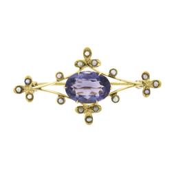 Vintage Victorian Revival 14K Yellow Gold Oval Amethyst & Seed Pearl Pin Brooch