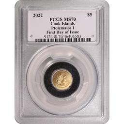 Cook Islands $5 Gold 2022 Ancient Greek Collection--Ptolemaios I MS70 PCGS