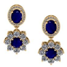 4.32 CtwVS/SI1 Blue Sapphire And Diamond 14K Yellow Gold Dangling Earrings( ALL DIAMOND ARE LAB GROW