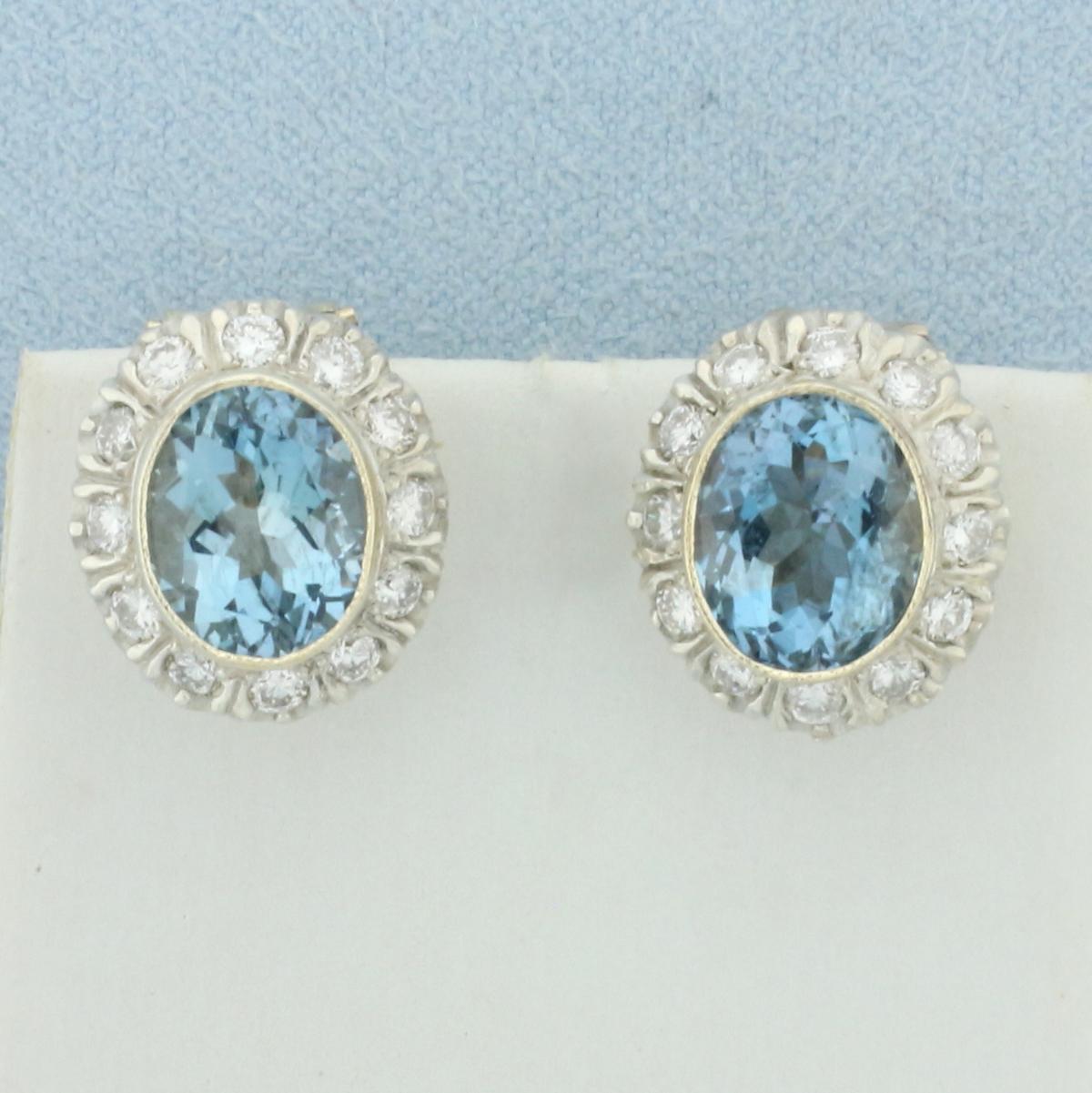 Vintage Aquamarine And Diamond Halo Earrings In 10k White Gold