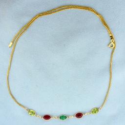 5ct Tw Lab Emerald, Lab Ruby, And Peridot Necklace In 14k Yellow Gold