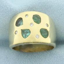 Tsavorite And Diamond Wide Band Ring In 18k Yellow Gold