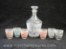 French Decanter and Shot Glass Set with Sailboat and Stagecoach Scenes, 1 lb 12 oz