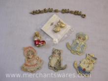 Assorted Cat Items including Kitty Cucumber Ornaments, Gold Tone Bracelet, and Pins, 3 oz