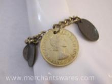 Charm Bracelet with Vintage Foreign Coins from Great Britain, Belgium, Colombia, and more, 2 oz