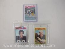 Three Topps NFL Trading Cards , 1972 Terry Bradshaw #150, 1977 Lynn Swann #195 and 1974 Highlights
