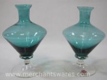 Two Vintage Turquoise Glass Vanity Bottles/Vases, made in Italy, 13 oz