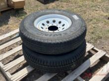 (2) 8 AND 6 LUG TRAILER WHEELS W/ NEW 7.50R16 TIRES