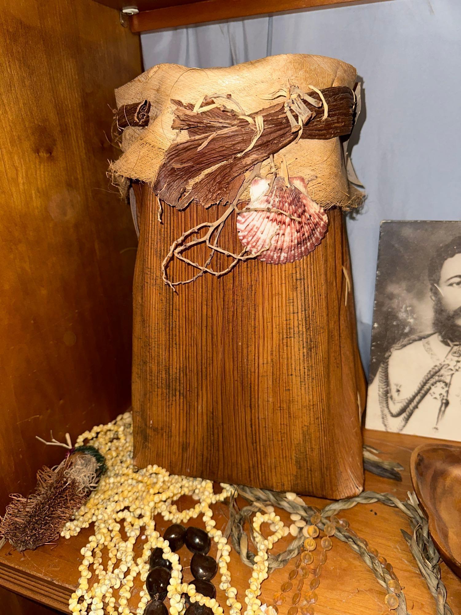 Palm Sheath Basket from Hawaii, Pod Necklaces, Scarce Hawaiian Tapa Cloth Fragments and Photos