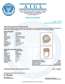 14K Gold 7.68ct Aquamarine 1.00ct Diamond Ring