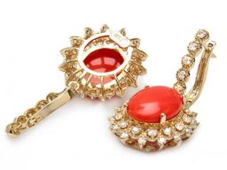 14k Gold 10.50ct Coral 2ct Diamond Earrings