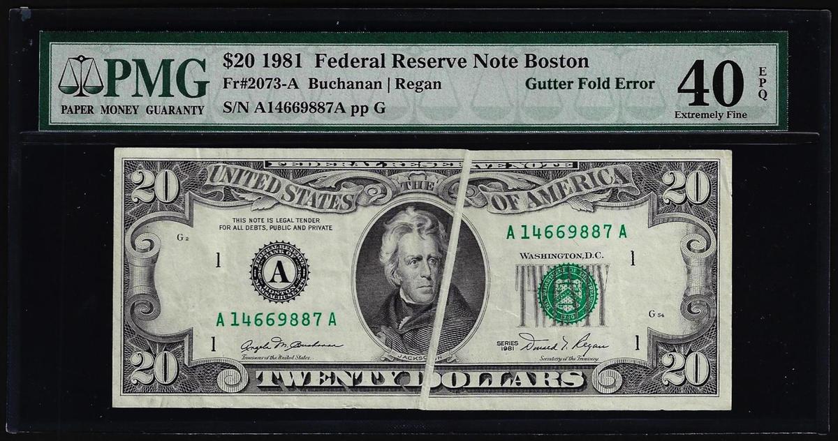 1981 $20 Federal Reserve Note Boston Gutter Fold Error PMG Extremely Fine 40EPQ