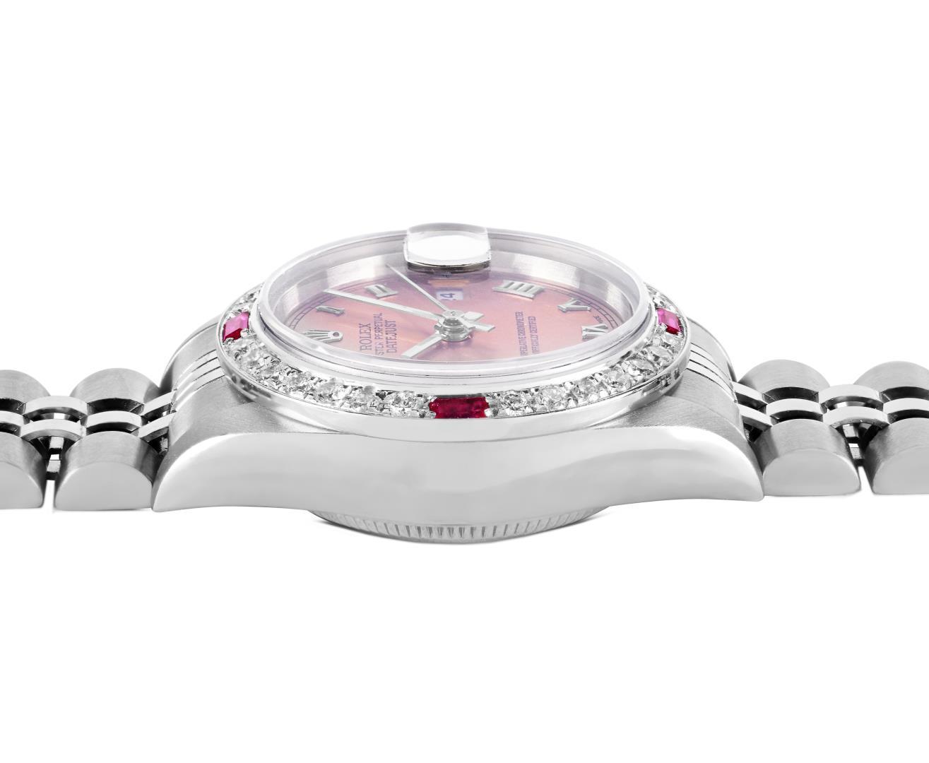 Rolex Ladies Stainless Steel Salmon Roman Ruby and Diamond Datejust Wristwatch