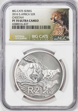 2016 S. Africa 2 Rands Cheetah Silver Coin NGC PF70 Ultra Cameo Nat Geo Big Cats Series