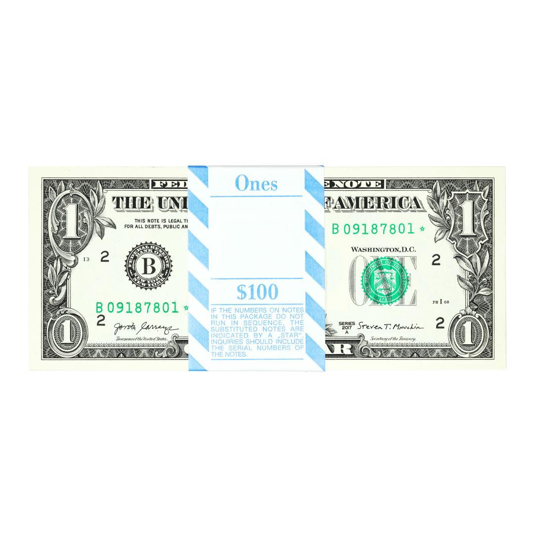 Pack of (100) Consecutive 2017A $1 Federal Reserve STAR Notes New York