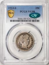 1913-S Barber Quarter Coin PCGS VG08 CAC