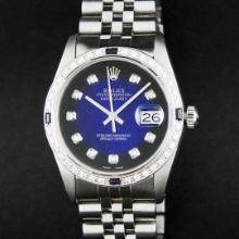 Rolex Mens Stainless Steel Blue Vignette Sapphire and Diamond Datejust Wristwatch