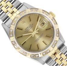 Rolex Mens Two Tone Champagne Index Diamond Datejust Wristwatch With Rolex Box