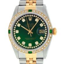 Rolex Mens Two Tone Emerald and Diamond Datejust Wristwatch