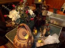 Remaining on Table-Wicker Basket, Bird House, (1) Ceramic Musical Bird Figu