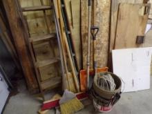 Group Of Hand Tools And Bucket Tool Bag-Shop Broom, Digging Bar, Shovels