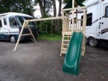 Unstained Children's Swing Set With Club House, Slide, (2) Swings, Hanging
