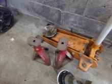 Orange, Floor Jack And (2) Red Jack Stands (Cellar Garage)