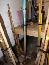 (3) Concrete Hoes/Rakes - Blue Metal Handles & Wood Handle  (Garage Room)