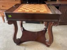 Game table end table with chess and backgammon pieces