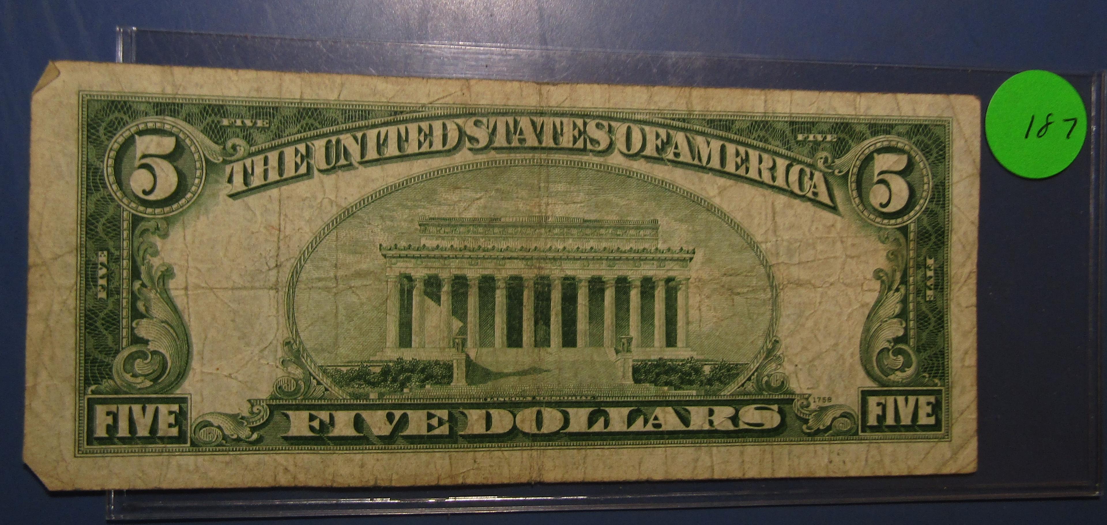 1934-D $5.00 STAR SILVER CERTIFICATE NOTE FINE