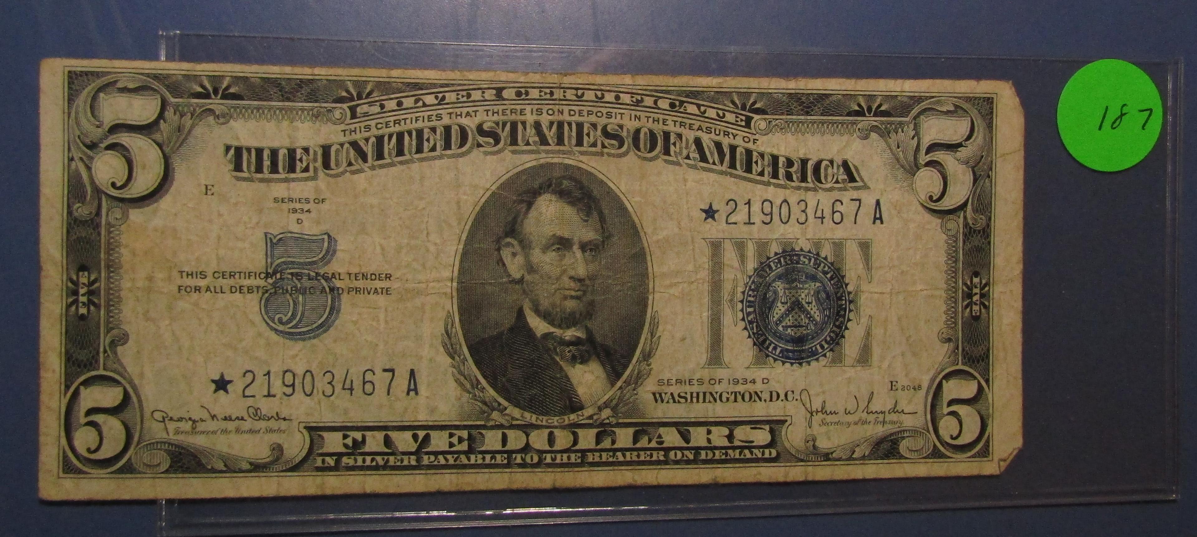 1934-D $5.00 STAR SILVER CERTIFICATE NOTE FINE