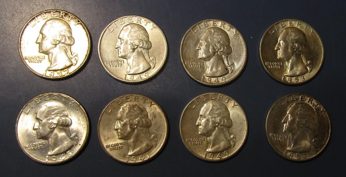 LOT OF EIGHT MISC. EARLY DATE SILVER WASHINGTON QUARTERS GEM UNC (8 COINS)