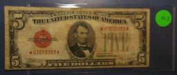 1928-E $5.00 RED SEAL US STAR NOTE VG