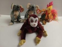 4 Vintage TY beanie babies- Monkey, rooster, 2 eucalyptus koalas.