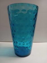 Vintage Blue Glass Thumbprint dot Vase Tall Turquoise Glass Art
