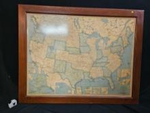 VINTAGE COLORPRINT MAP OF THE UNITED STATES, FRAMED