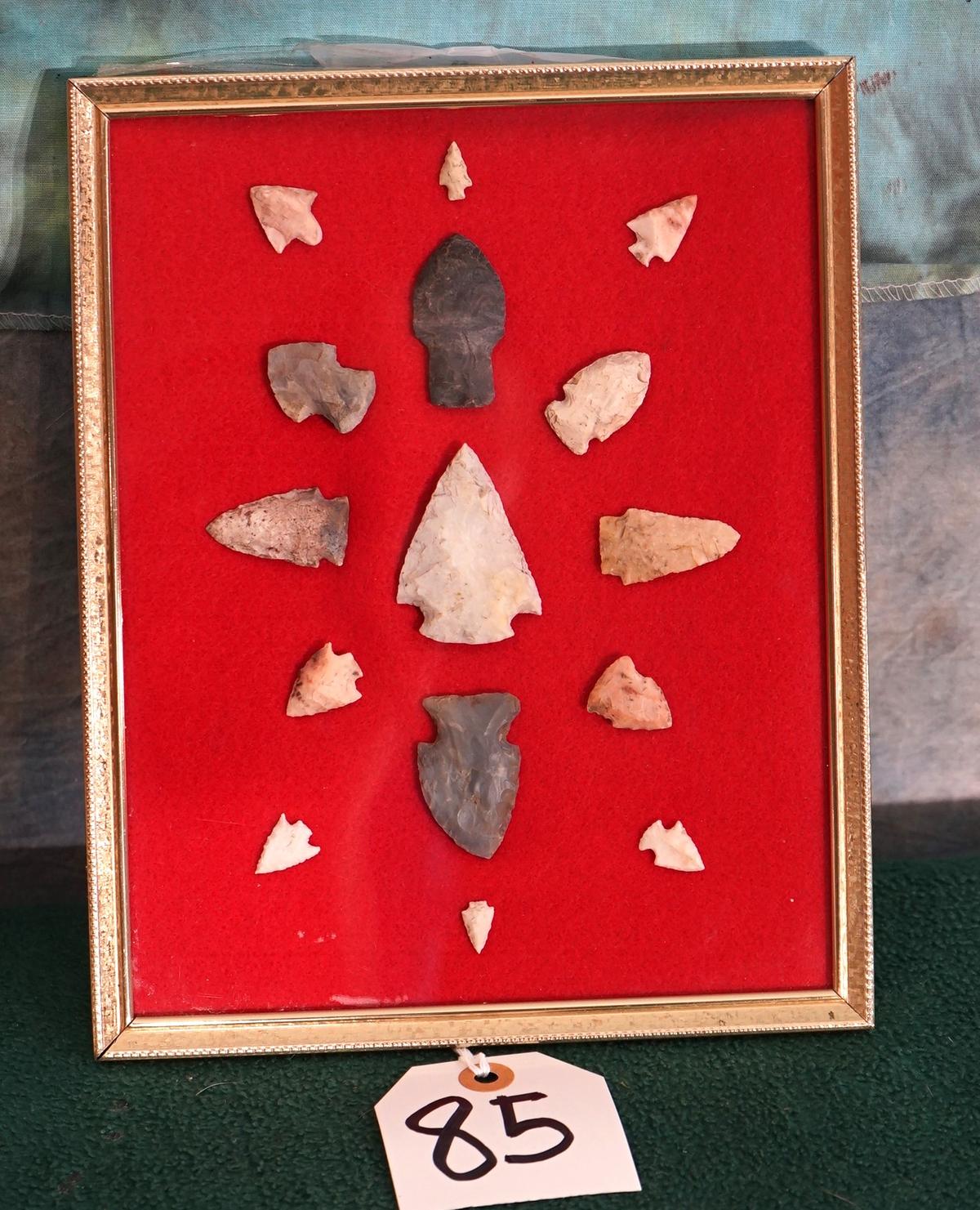 Display Frame of 15 Authentic Arrowheads and Bird Points