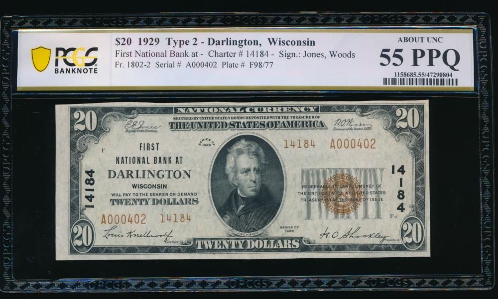 1929 $20 Darlington WI PCGS 55PPQ