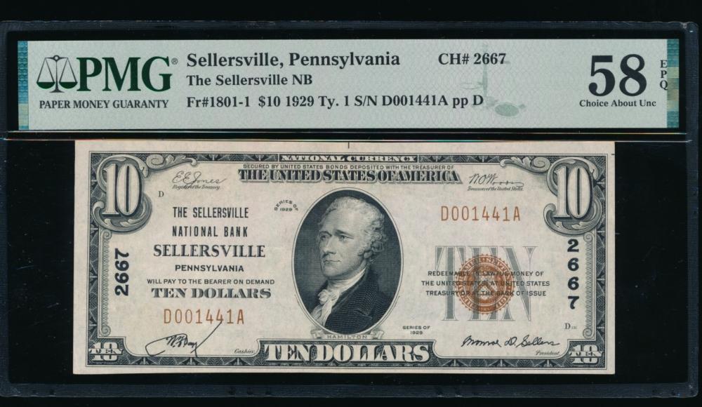1929 $10 Sellersville PA National PMG 58EPQ